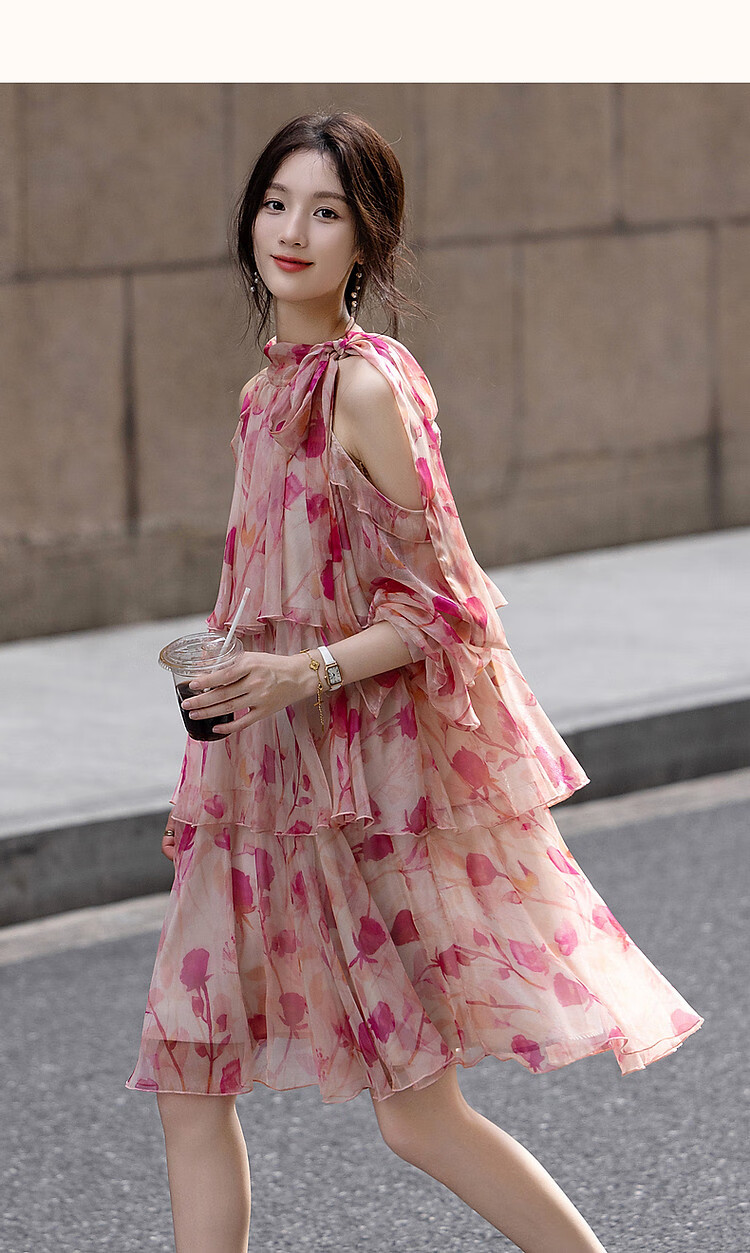 Demana [Hot Valley Eternal Summer] Spring Summer Elegant Off-Shoulder Tie Diamond Chiffon Gradient Print Dress for Women 12