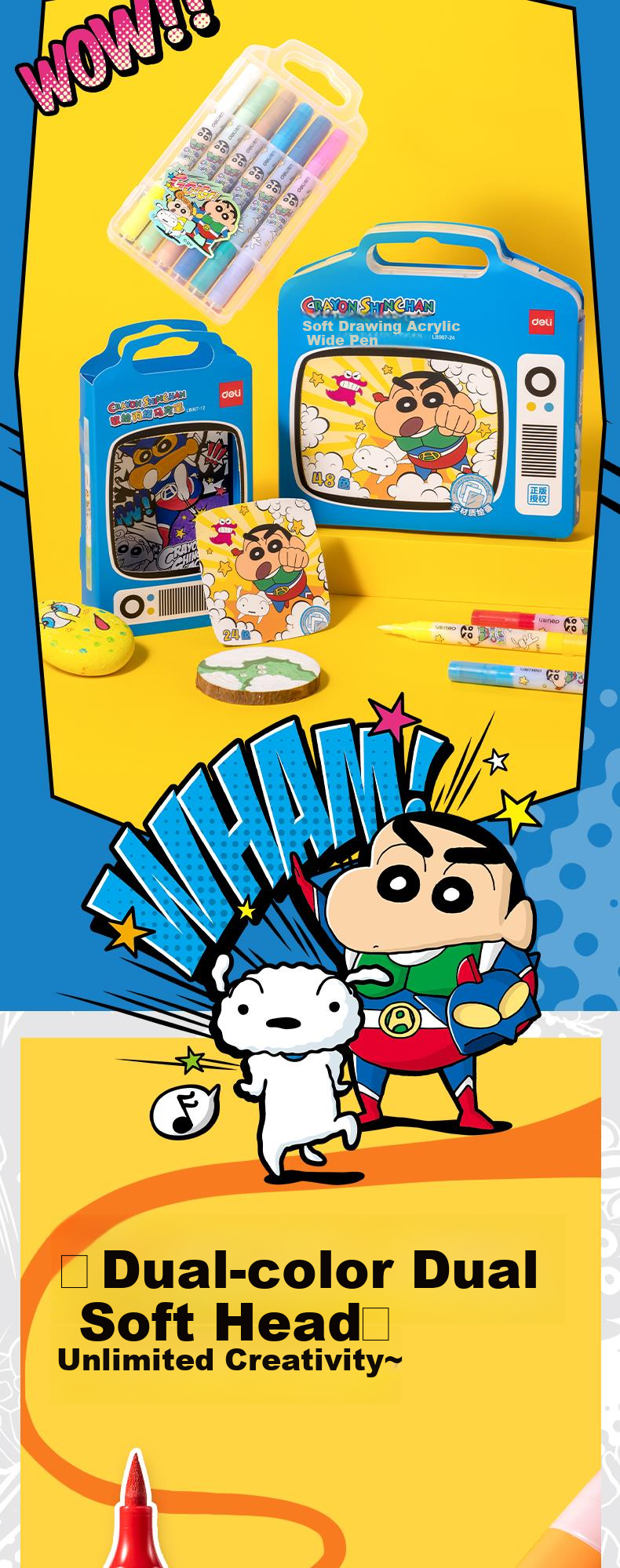 Deli [Back to School Stationery] 12 Colors Crayon Shin-Chan Double Soft Tip Acrylic Markers, Watercolor Pens, Round Barrel, Student New Year Tree, Children's Coloring, Drawing DIY, Fluorescent Bag Packaging for Boys And Girls 2