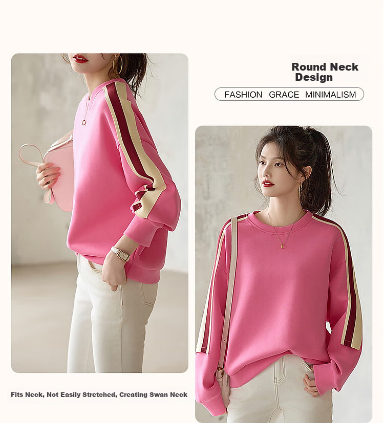 Dme [Stylish Blogger Style] Spring And Autumn Round Neck Long Sleeve Elastic Cotton Contrasting Color Sports Air Layer Sweatshirt Women's Top 5