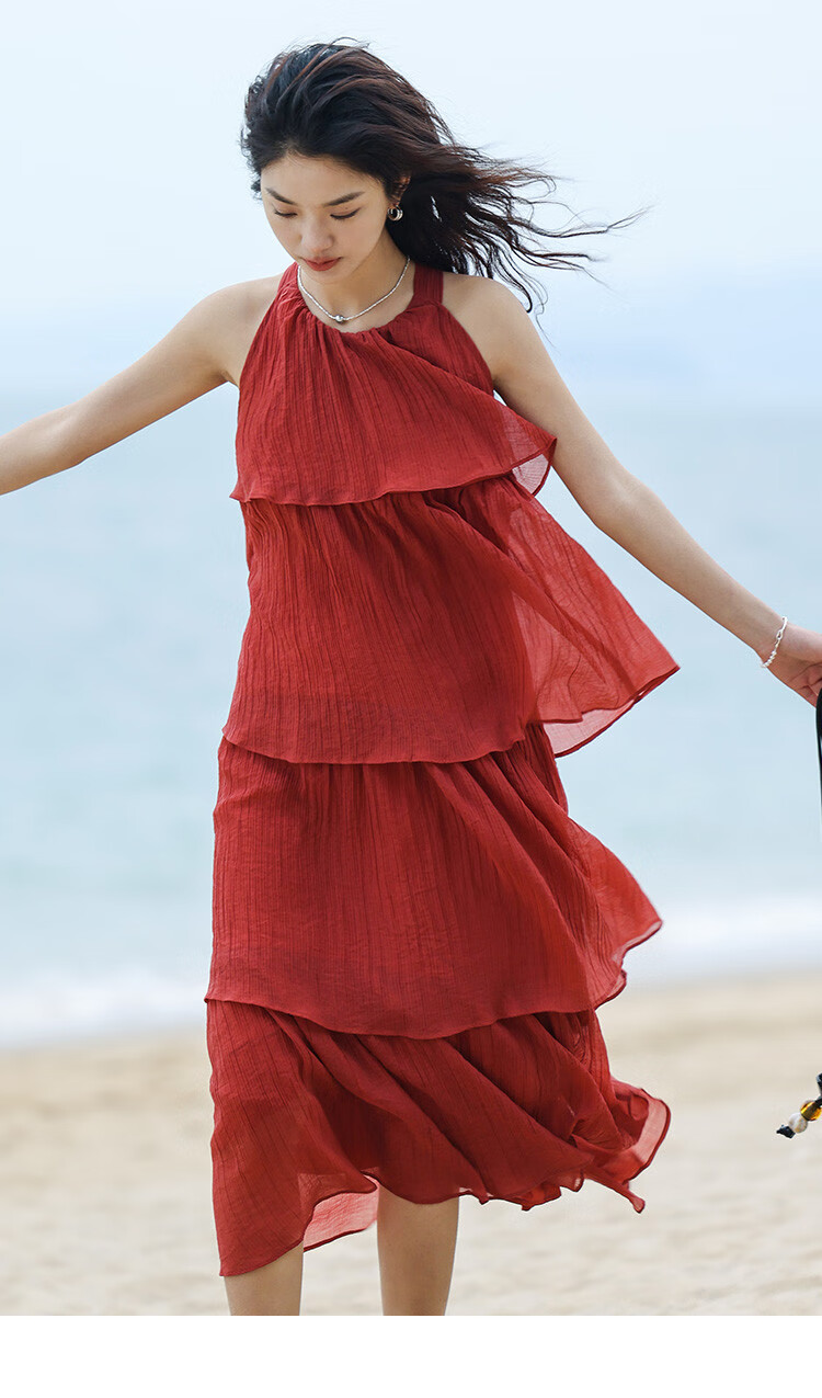 Dme [Heavy Workmanship Layered Spaghetti Strap Dress], Summer Vacation Style, Retro Brick Red, Elegant Cake Skirt 15