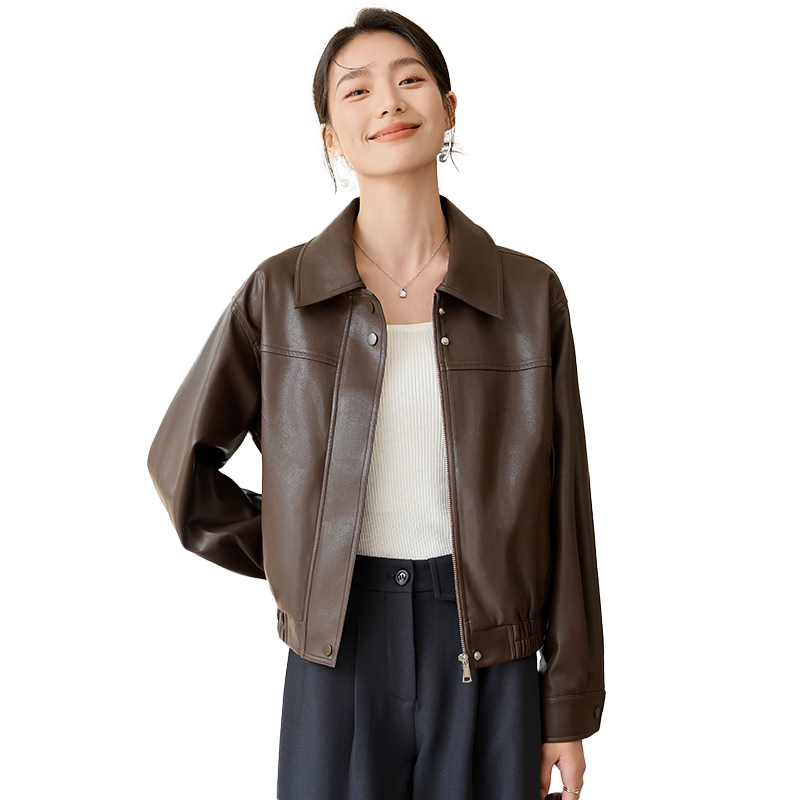 Chushen Melard Women's Short Jacket American Retro PU Leather Jacket S51D005 Dark Coffee XL
