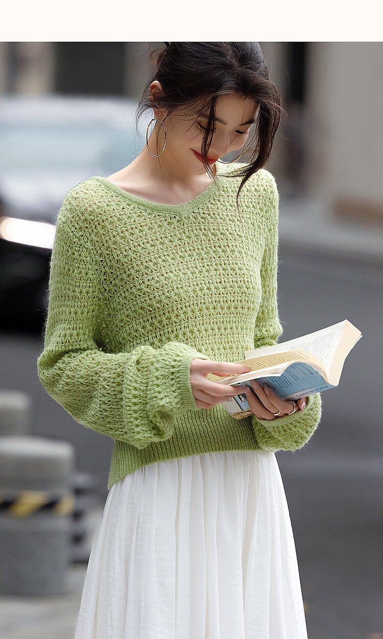 Dme [Containing Wool] Spring And Autumn Gentle V-Neck Hollow-Out Sweater, Body-Hugging, Girly Short Knit Top for Wome 19