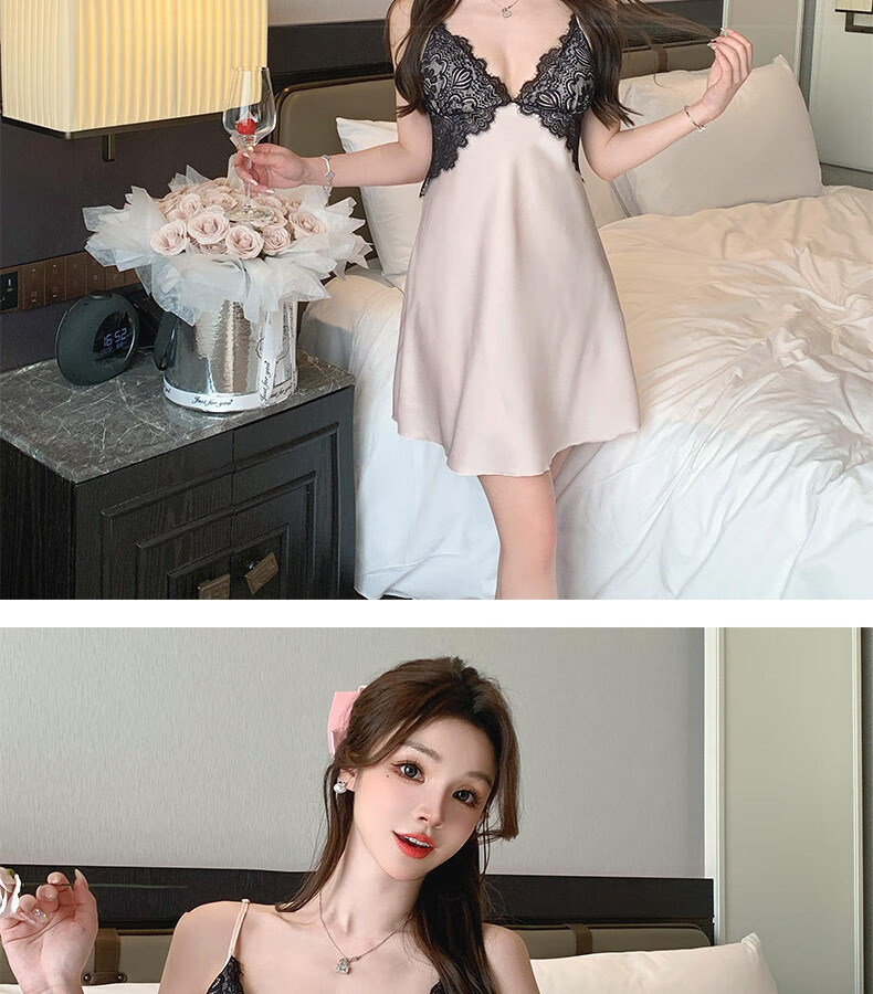 YINSLEEP Summer Thin Purple Elegant Satin Light Luxury Lace Nightgown, French Pure Desire Style Sexy Spaghetti Strap Sleepwear 10