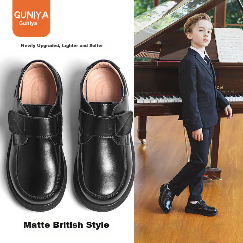 Guniya Children's Leather Shoes for Boys, British Style Performance Shoes, Formal School Etiquette Leather Shoes, Matte British Style, Size 39