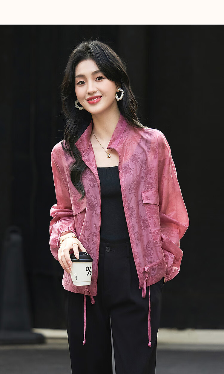 Dme [Elegant Gradient Print] Spring Lightweight Lyocell Drawstring Large Patch Pocket Elastic Cuff Sports Women's Jacket 10