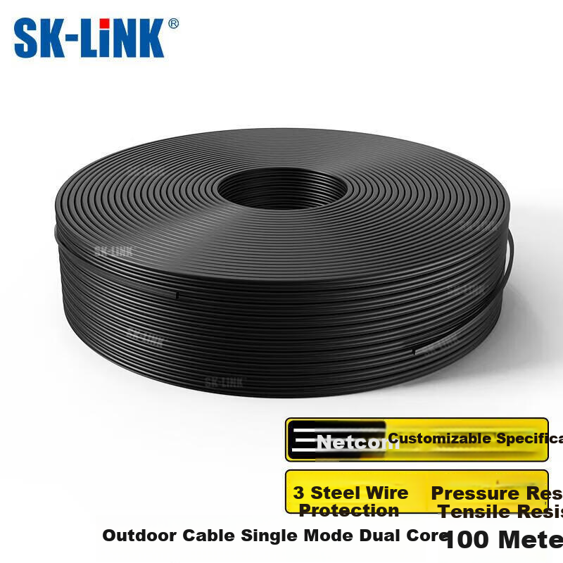 SK-LINK Single-Mode Dual-Core Pigtail Fiber Optic Cable, Outdoor 2-Core 3-Steel Self-Supporting Butterfly Low Smoke Zero Halogen Tail Fiber Optic Cable, Broadband Fiber Optic Home Line, 100 Meters SWGL2SM-100M