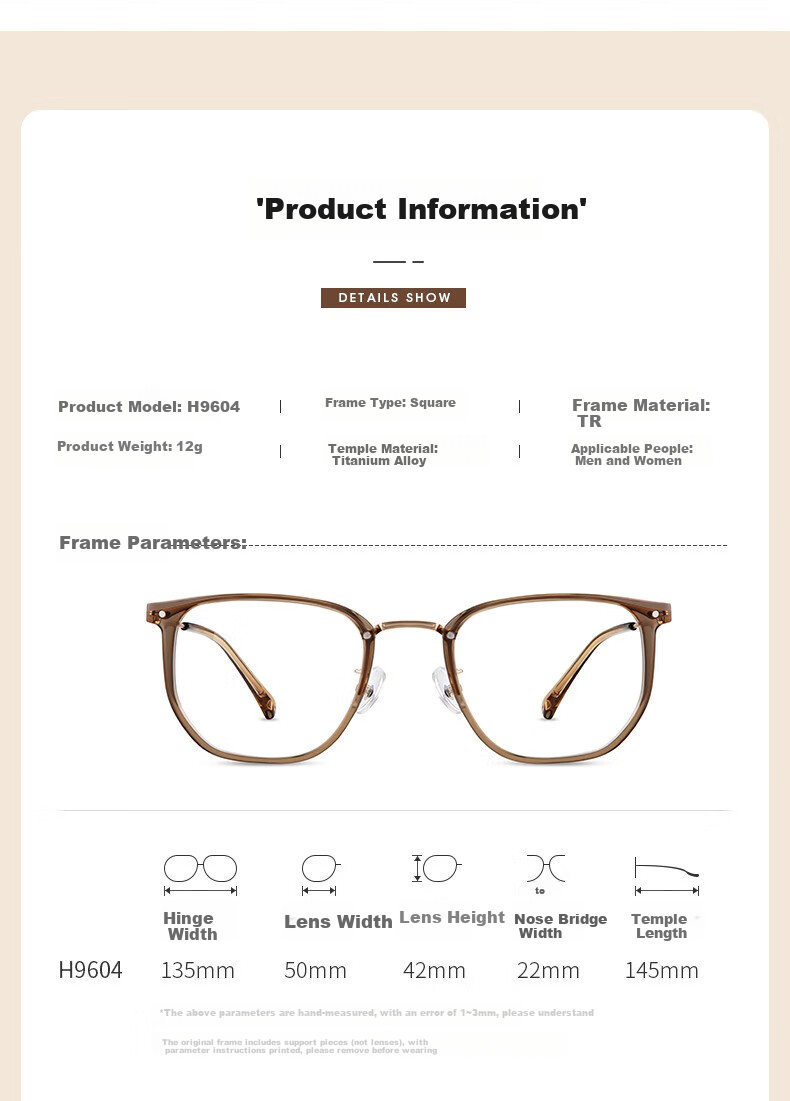 HELEN KELLER Myopia Alloy Eyeglass Frames, Brightening Effect, High Aesthetic Value, Photo-Friendly, Face-Slimming, Small Square Frame, H9604C5, Brown Color 4