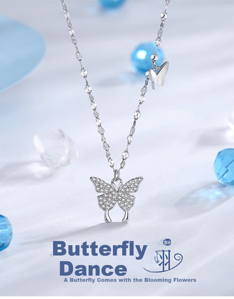 Dijing 999 Sterling Silver Butterfly Necklace for Women, Practical Double-Layer Elegant Collarbone Chain Pendant, Light Luxury Birthday Gift for Girls 1