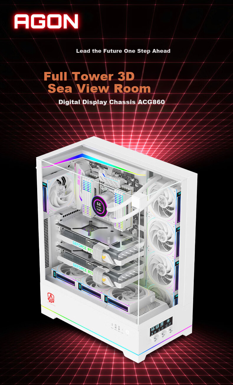 AOC AICG860W White EATX Gaming Computer Case with Three-Sided Glass View, Quick-Release Design, 9-Slot Dual Graphics Card Support, 480mm Water Cooling Compatible, Functional Display Scree 1