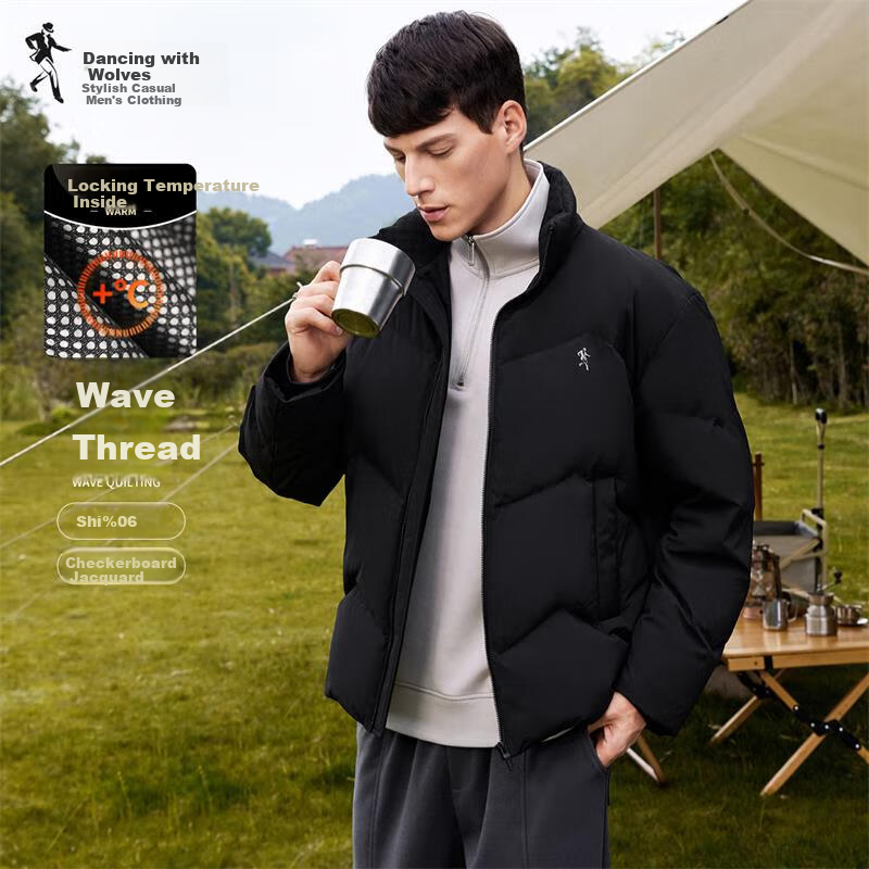DANCING WOLVES [Windproof And Warm] Fashionable Stand-Collar Thick Versatile Men's Jacket, Thick down Coat, 001 Black, Size 185
