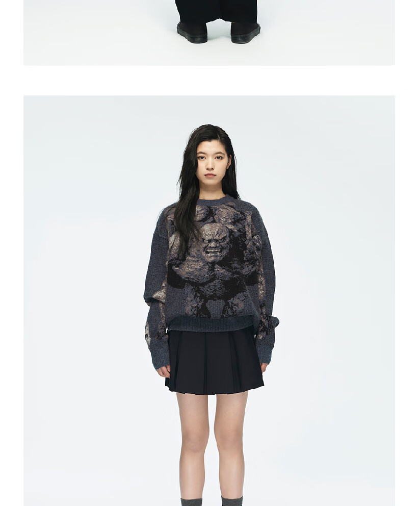 Heishenhua Stone Head Sweater Cyan Blue Size L Heishenhua Wukong Official Merchandise Unisex Jacquard Loose Thick Crew Neck Pullover Knit Sweater 2