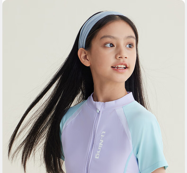 Li-Ning Children's Swimsuit, Girls' Color-Block Short-Sleeve One-Piece Swimwear, Swimming Goggles, Swim Cap, Swim Bag Set, 052 Purple Blue, Size 140 3