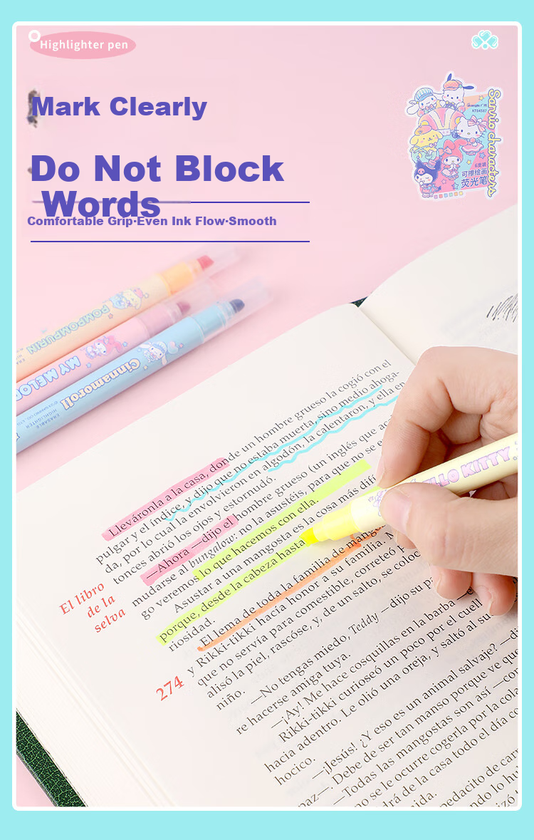 GuangBo Dual-Tip Erasable Highlighters, 6 Colors, Sanrio Collaboration Student Exam Review Highlighting Pens, Aesthetically Pleasing Journal Markers Office Marker KT84587 6