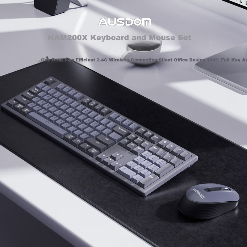 AUSDOM KAM200X Wireless Keyboard And Mouse Set, Quiet Office Keyboard And Mouse Combo, Convenient 2.4G Mechanical Feel, Compatible with Desktop And Laptop Computers, 110 Keys, Twilight Gray