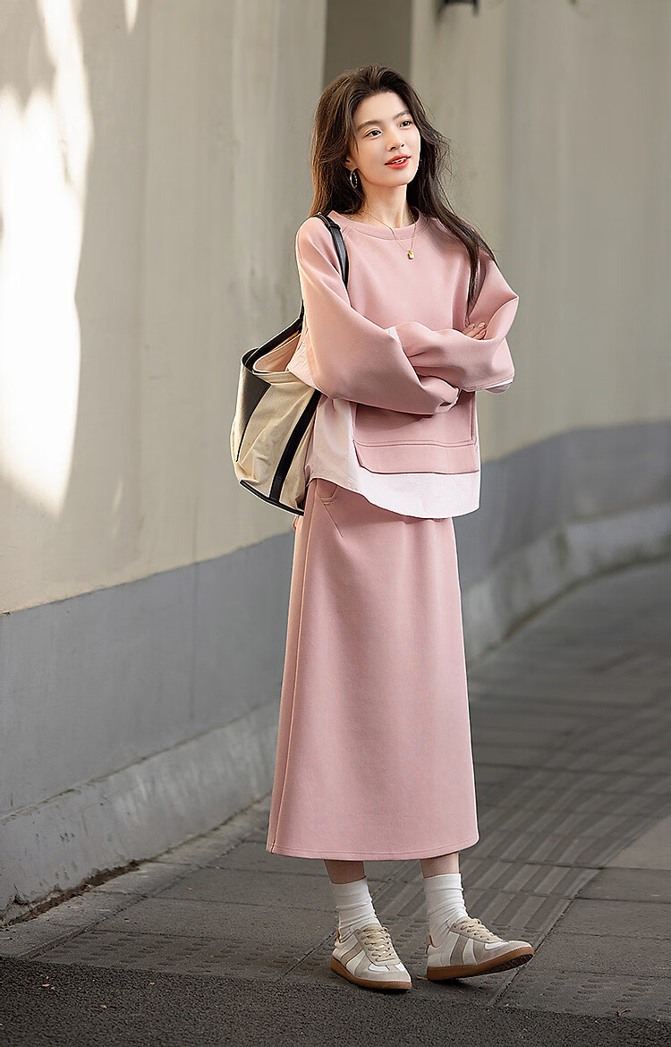 Dme 350G Air Layer Set Spring Autumn Fashion Colorblock Sweatshirt and Elastic Waist Split Skirt Two-Piece Set for Women 11