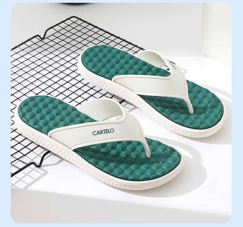 CARTELO Men's Flip-Flops, Summer Casual Sandals for Outdoor Wear, Beach Shoes, Style 1550, Green, Size 42 15