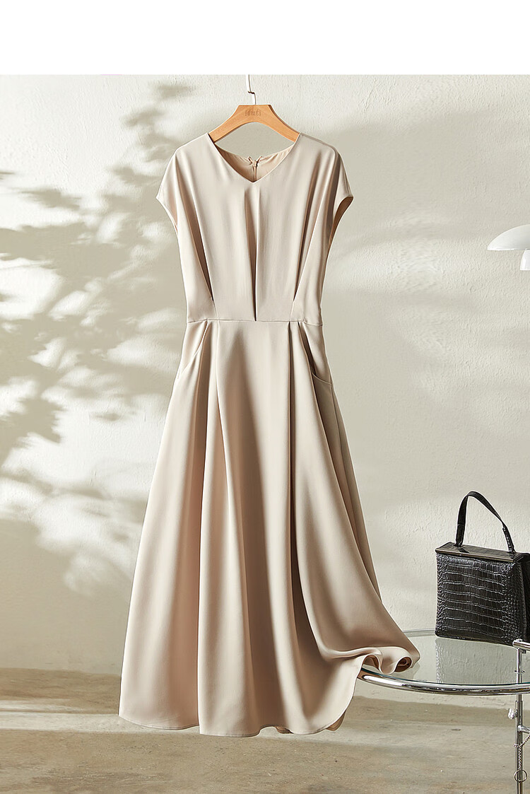 DME A-Line Skirt Summer Commuter V-Neck Short Sleeve Simple Mid-Length Dress for Women 19