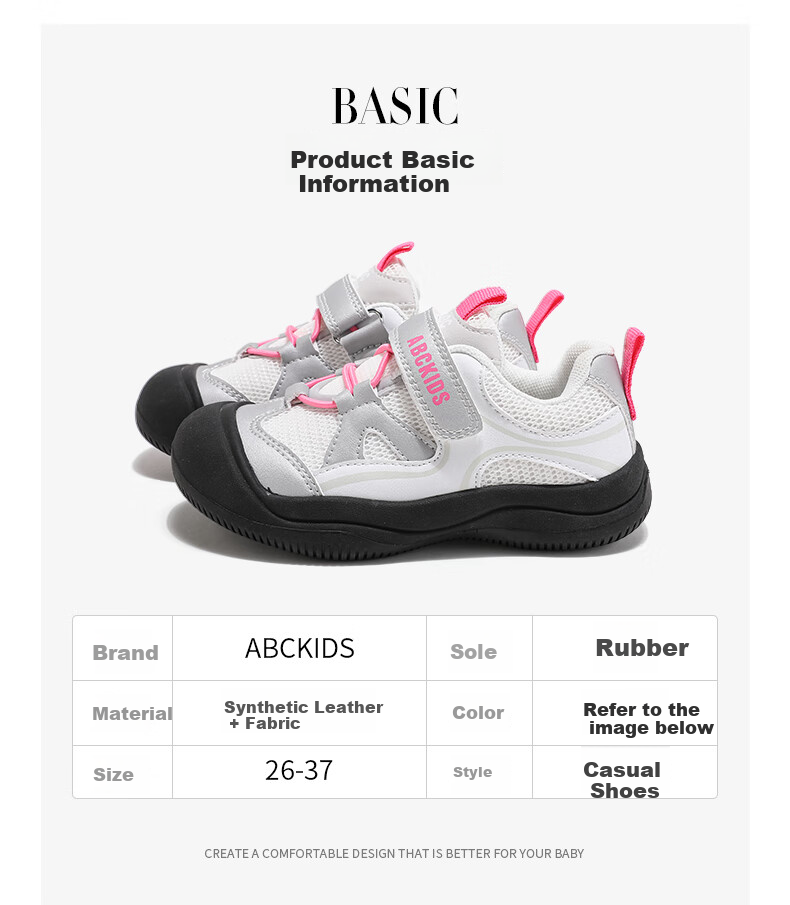 ABC KIDS Children's Running Shoes, Autumn Fashion Girls' Velcro Dad Shoes, Lightweight Versatile Casual Shoes, White-Gray Rose, Size 35 1