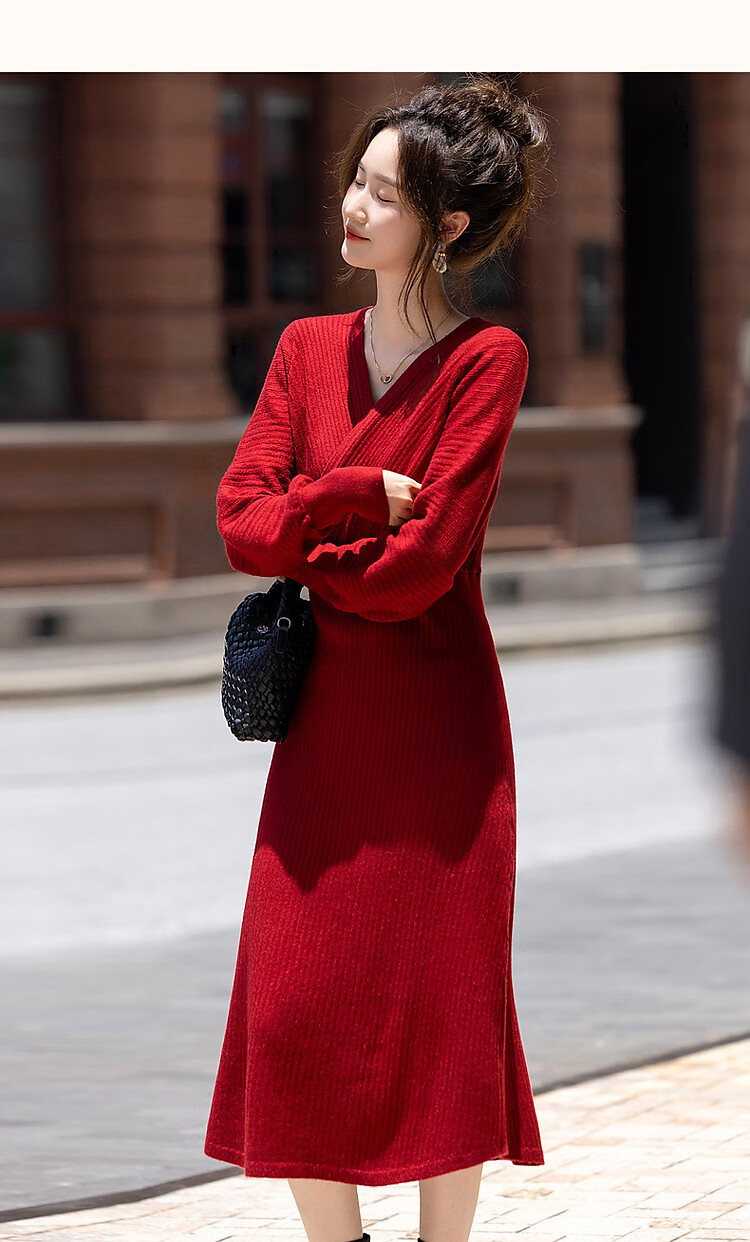 Dme [Lainviliyue] Spring And Autumn Cloud-Soft Elegant V-Neck Cross-Waist A-Line Bodycon Women's Dress 10