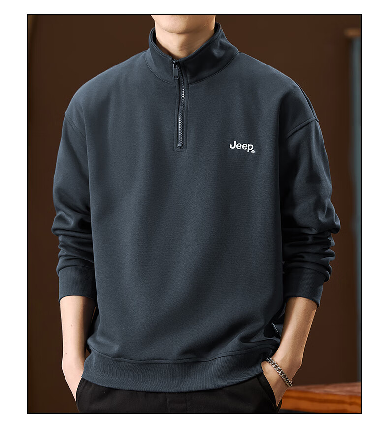 JEEP American-Style Sweatshirt for Men, Spring Trendy Semi-Turtleneck Zip-Up Top, Loose Casual Long-Sleeve T-Shirt for Men's Clothing 5