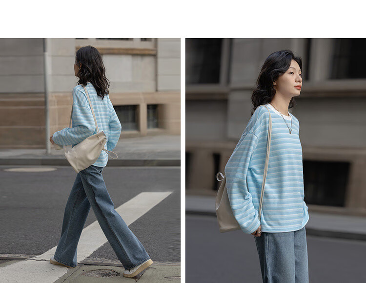 Dme [Coastline Diary] Spring Korean-Style Waffle Gradient Striped Top, Loose-Fitting, Flattering, Versatile Women's Sweatshirt 5