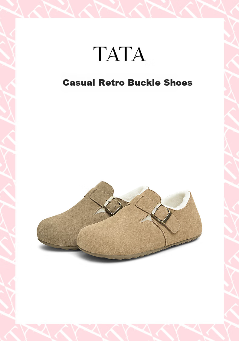 TATA Retro Fleece-lined Birkenstock-style Women's Shoes 2024 Winter CGW05AM5 Gray (Mauritius) Size 39 2
