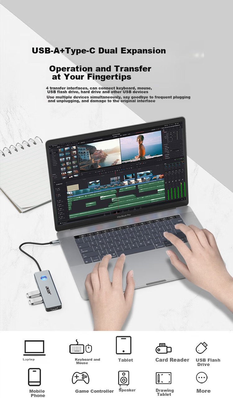 Acer Type-C 8-In Expansion Dock USB3.0 Hub HDMI Compatible with Huawei Android Laptops MacBook Converter with Card Reader Adapter 7