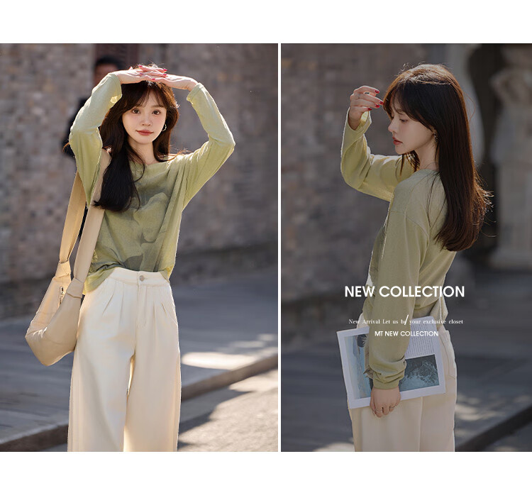 Mt [Japanese Street Style] Spring Lightweight See-Through Large Floral Print Design Long Sleeve T-Shirt, Gray-Gree 3