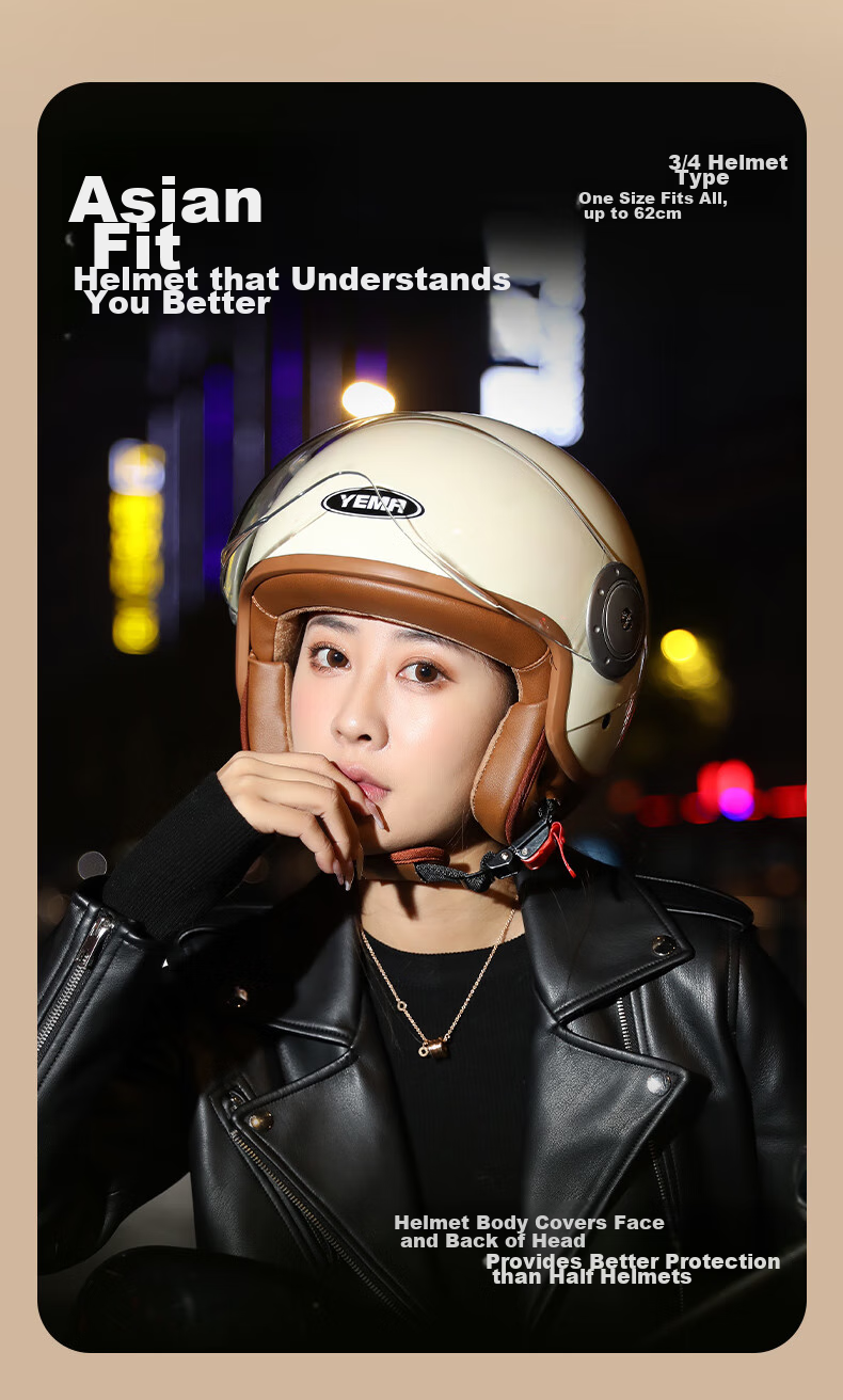 YEMA 3C Certified Class A 611S Motorcycle Helmet for Men And Women, Winter Personalized Retro Cruising Riding Electric Bike Safety Helmet, All-Season Use, Pia Black with Transparent Long Visor + Anti-Fog Sticker 13