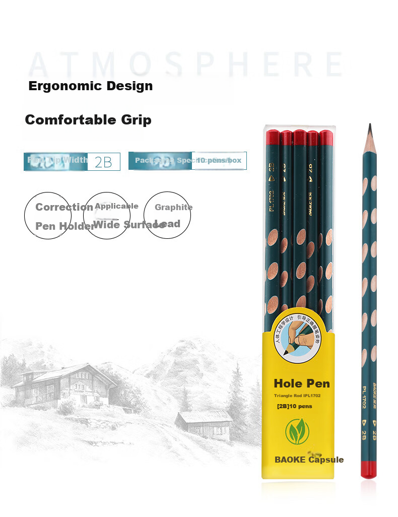 BAOKE PL1701 Perforated Pencil HB Triangular Pencil for Students' Handwriting Practice And Children's Posture Correction, 10 Pencils/Box 2