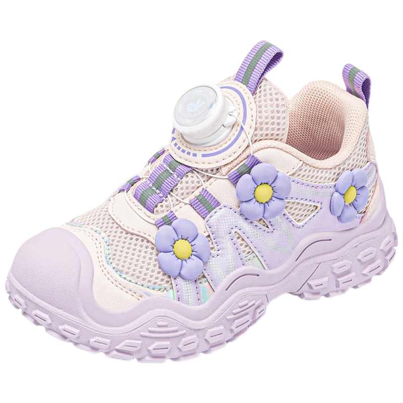 ANNIL Girls' Sports Shoes, 2026 New Summer Style, Soft-Soled Children's Floral Rotating Button Shoes 5194, Purple, Size 28
