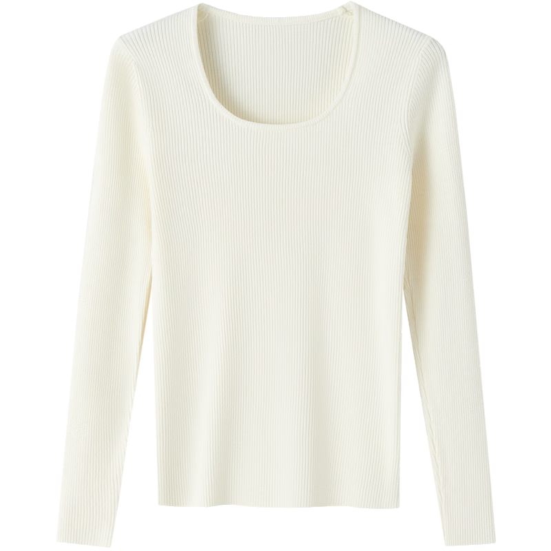 DME Winter Port Style Low Round Neck Slim Fit Concealing Long Sleeve Knit Top for Women Off-White M
