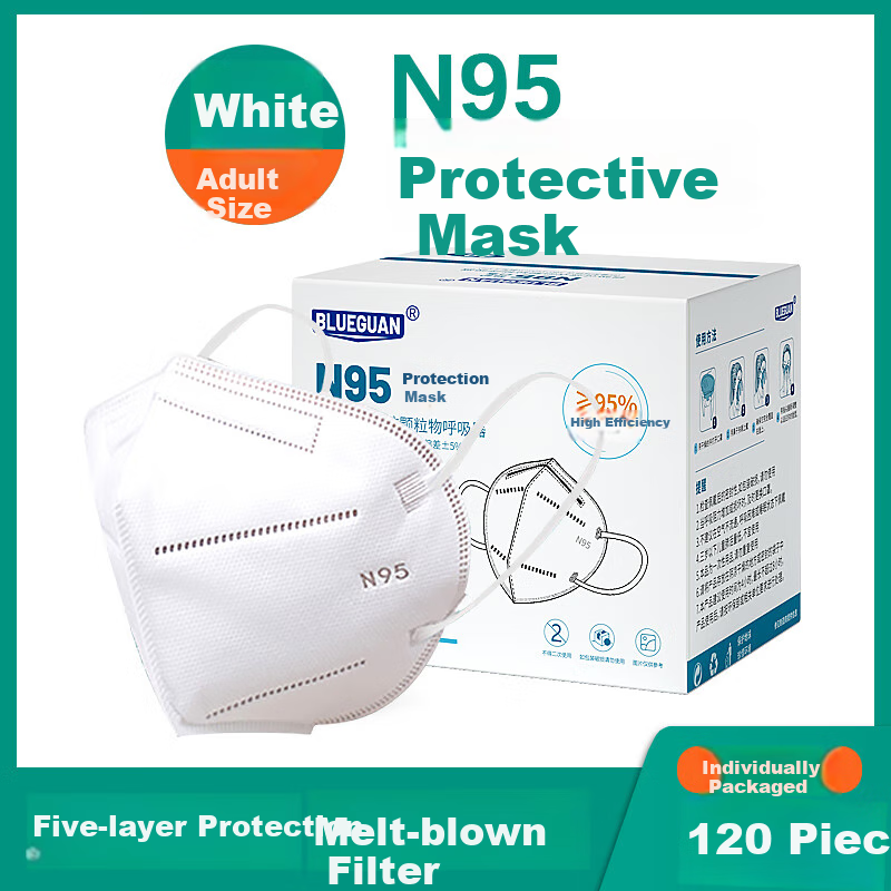Blueguan Adult N95 Mask with Five-Layer Protection And Double-Layer Meltblown Fabric, Dust, Smog, Droplet And PM2.5 Protection, Individually Wrapped, 120 Pieces, White