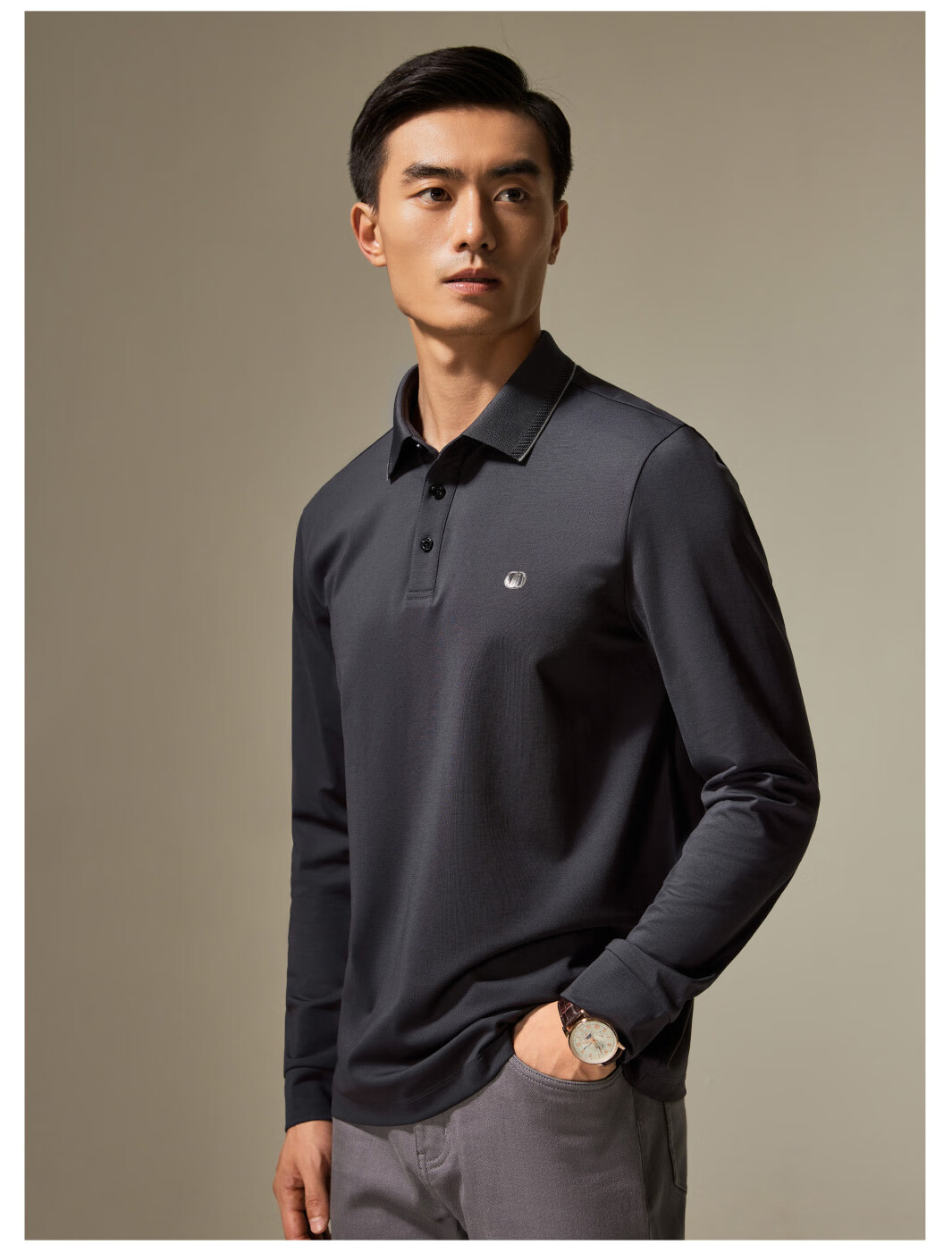 DIKENI Spring And Autumn Men's Lapel Long-Sleeve Knitted Business-Style Polo Shirt, Black, 2XL (54) 7