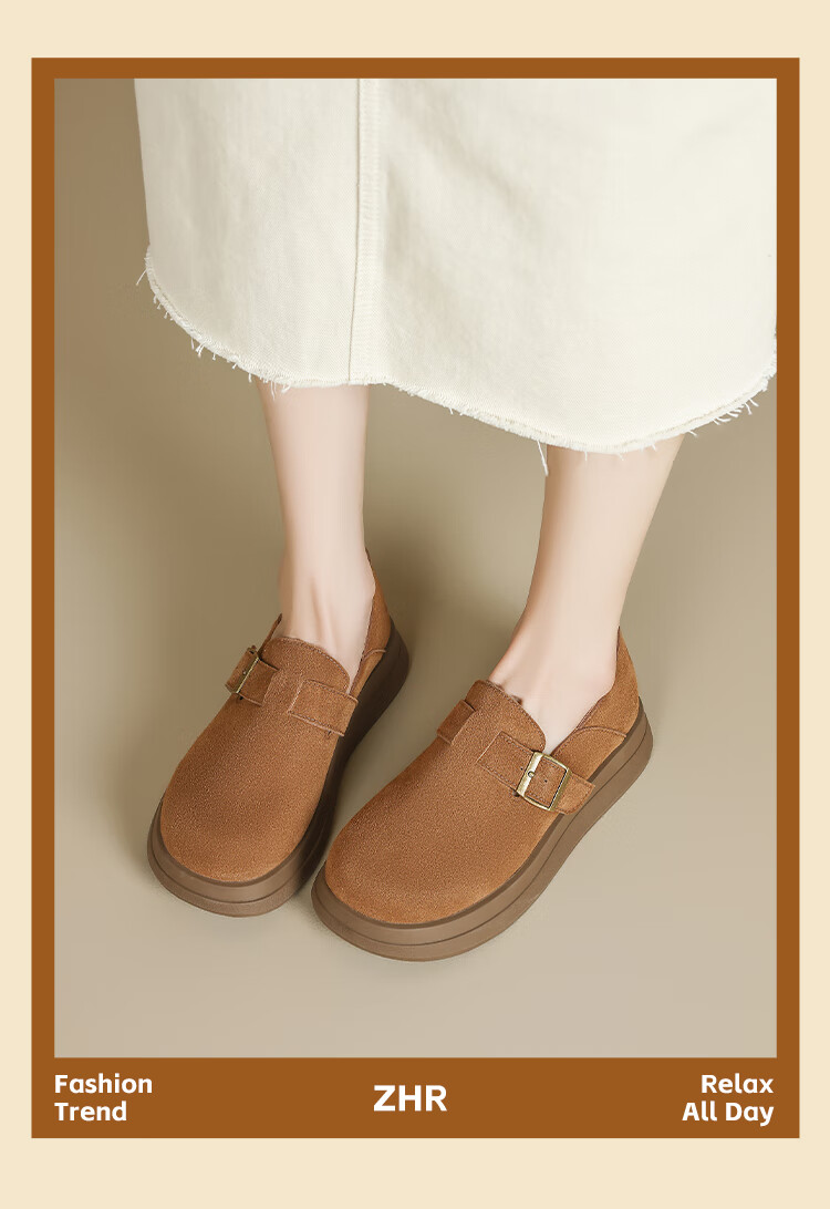 ZHR Thick-Soled Birkenstock-Style Shoes for Women, Retro Full-Coverage Round Toe Casual Women's Shoes, Lightweight Slip-On Flats JF202 Khaki 37 15