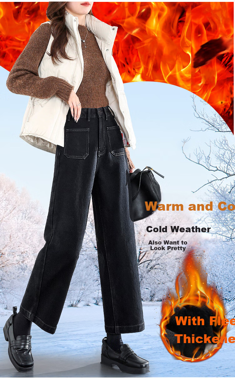 Dme Vintage Style Winter Double-Layer Thick Warm Fleece Straight-Leg Cropped Jeans for Women, Carbon Black, Size 26 5