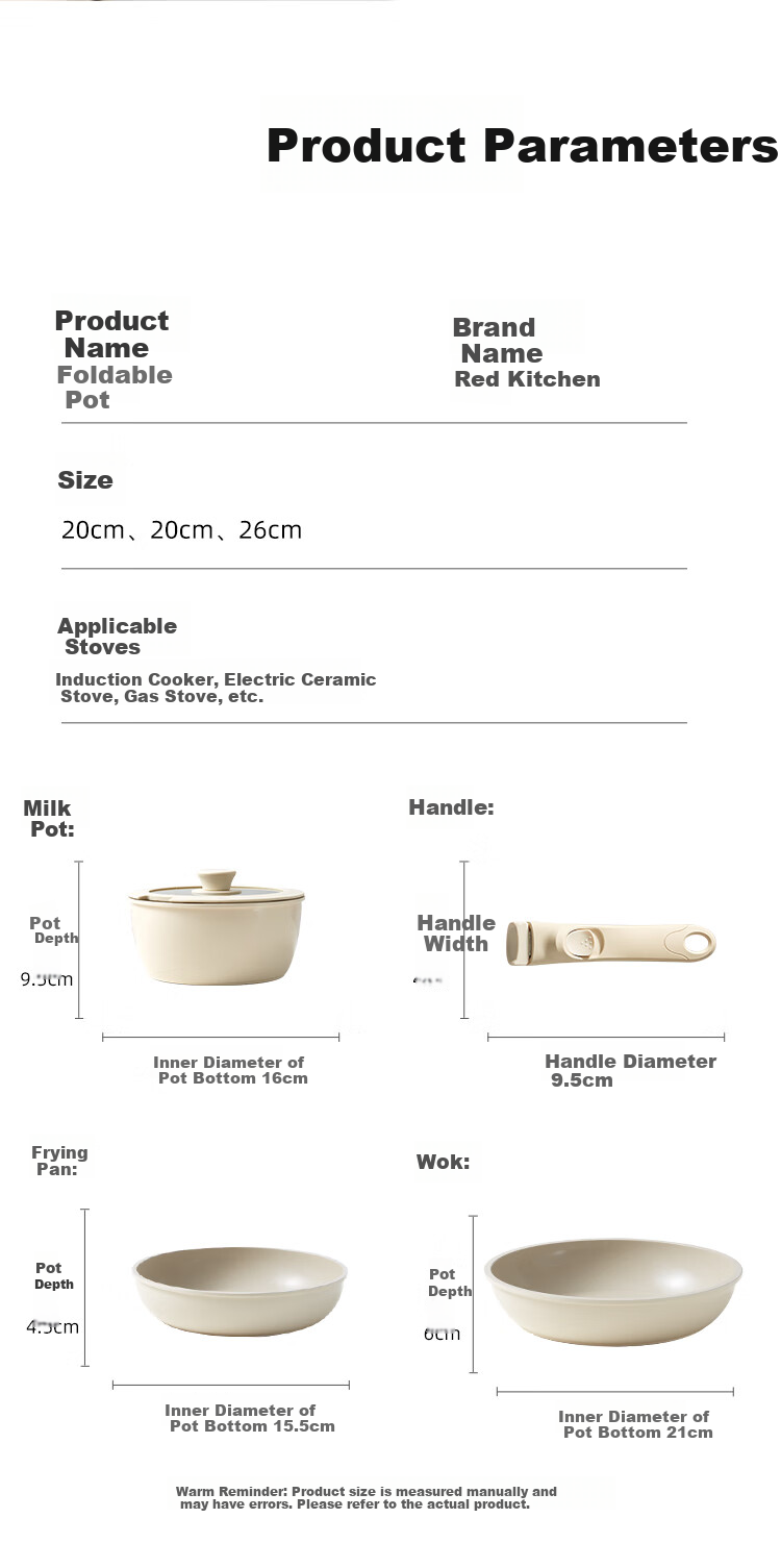 REDCHEF Detachable Handle Cookware Set, Ceramic Non-Stick Pan, Outdoor Frying And Stir-Frying Pan, Flat Bottom Pan, Soup And Milk Pot, Stackable Pot, White 18