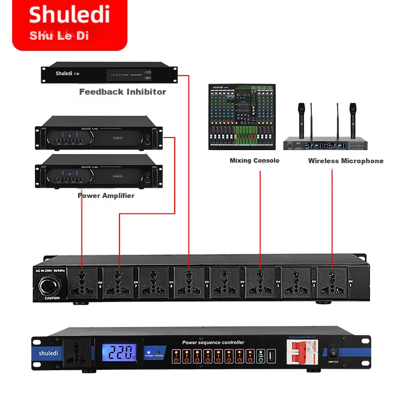 Shuledi D-20 Domestic Professional 8-Channel Power Sequencer with Filter, Independent Power Manager with Switch, Voltage Display, Stage Power Protector Controller for Meetings And KTV Audio Systems