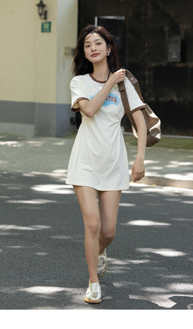 Dme [Low-Cut Dress] Summer Round Neck Short-Sleeve Dress with Hollow-Out Waist Desig 23
