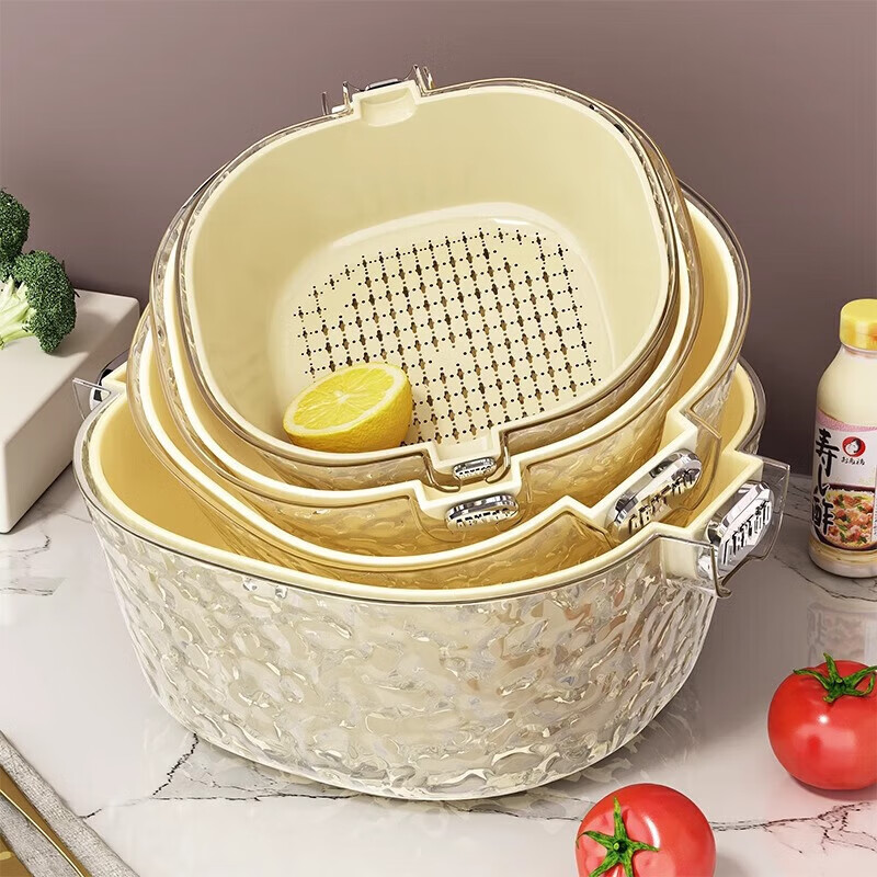 MUYA Double-Layer Draining Basket, Kitchen Household Fruit Washing Tool, Vegetable Cleaning Basket, Glacier Pattern Vegetable Washing Basket, Vegetable Washing Basi