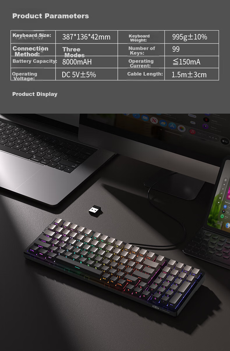 MageGee Light100 Tri-Mode Bluetooth Wireless Keyboard, 99 Keys Hot-Swappable Customizable Keyboard, RGB Translucent Side-Carved Keyboard, Gaming Mechanical Keyboard, Side-Carved Gray, Blue Whale Switches 12