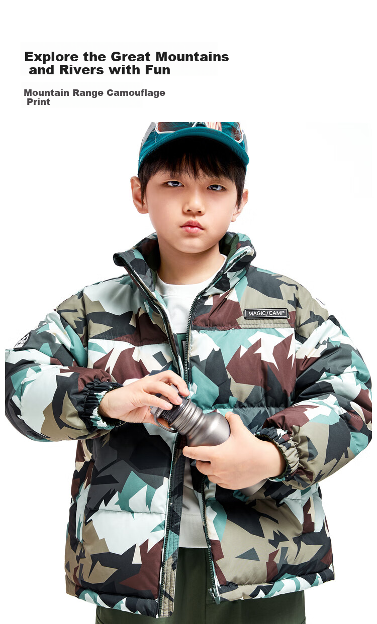 Annil Boys' Short down Jacket, 2024 Winter New Camouflage Warm Coat with Triple Protection, Khaki Floral Pattern, Size 110 3
