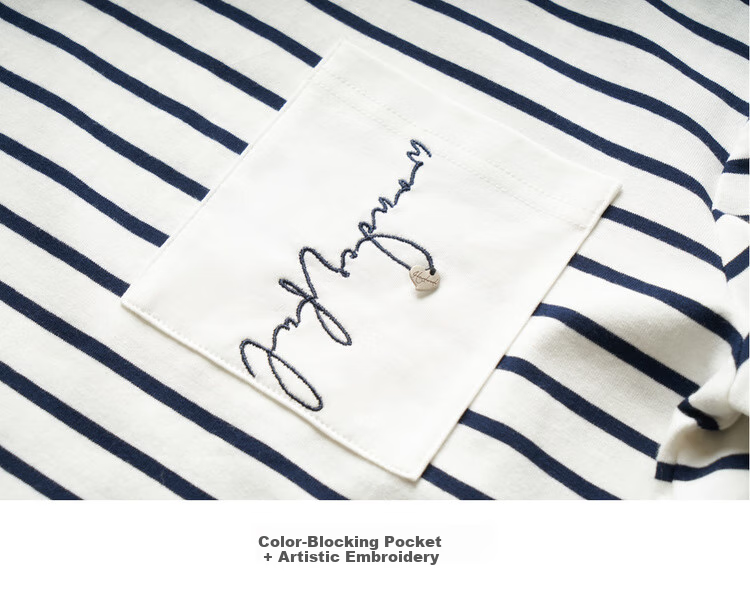 Olrain Women's Striped Long Sleeve T-Shirt Spring Design Pocket Embroidery Top Striped (Upgraded) M 20