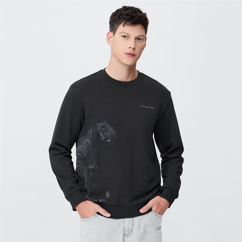 DANCING WOLVES [National Style] Classic Crew Neck Sweatshirt with Exquisite Chinese-Style Print Men's Sweatshirt 015 Dark Gray L(175)