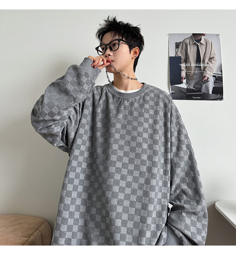 Dingfengbaoluo Japanese-Style Plaid Crew Neck Sweatshirt for Men, Spring Loose-Fitting High-End Casual Base Layer Top DFL77 Black XL 23