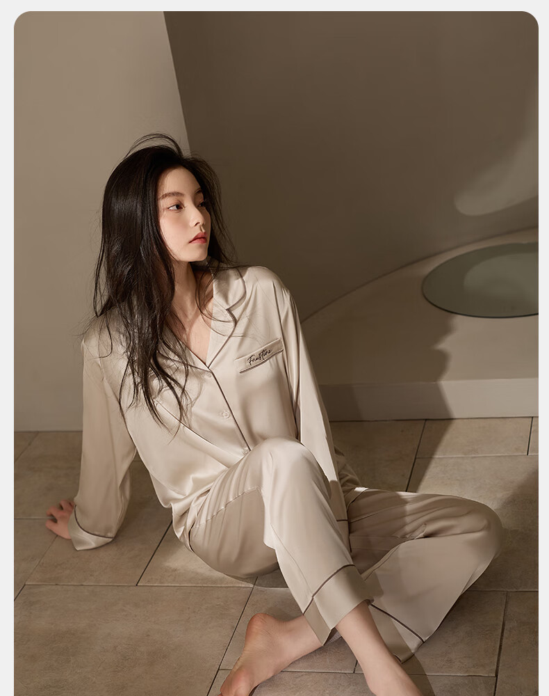 XULEN Ice Silk Pajamas for Women, Spring And Autumn Thin Long-Sleeve Plus Size Loungewear Set, 63795 Champagne Pink, 2XL(175) 5