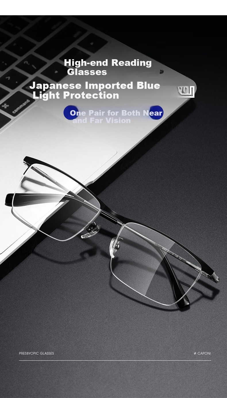 CAPONI Japanese Imported Pure Titanium Reading Glasses for Men And Women, Bifocal Ultra-Light Semi-Rimless Anti-Blue Light Auto-Focus Driving Walking Glasses 4
