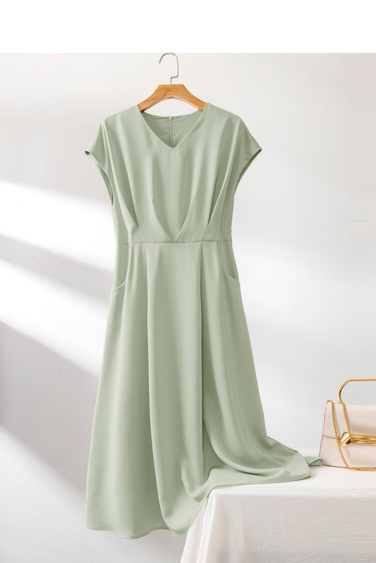 DME A-Line Skirt Summer Commuter V-Neck Short Sleeve Simple Mid-Length Dress for Women 17