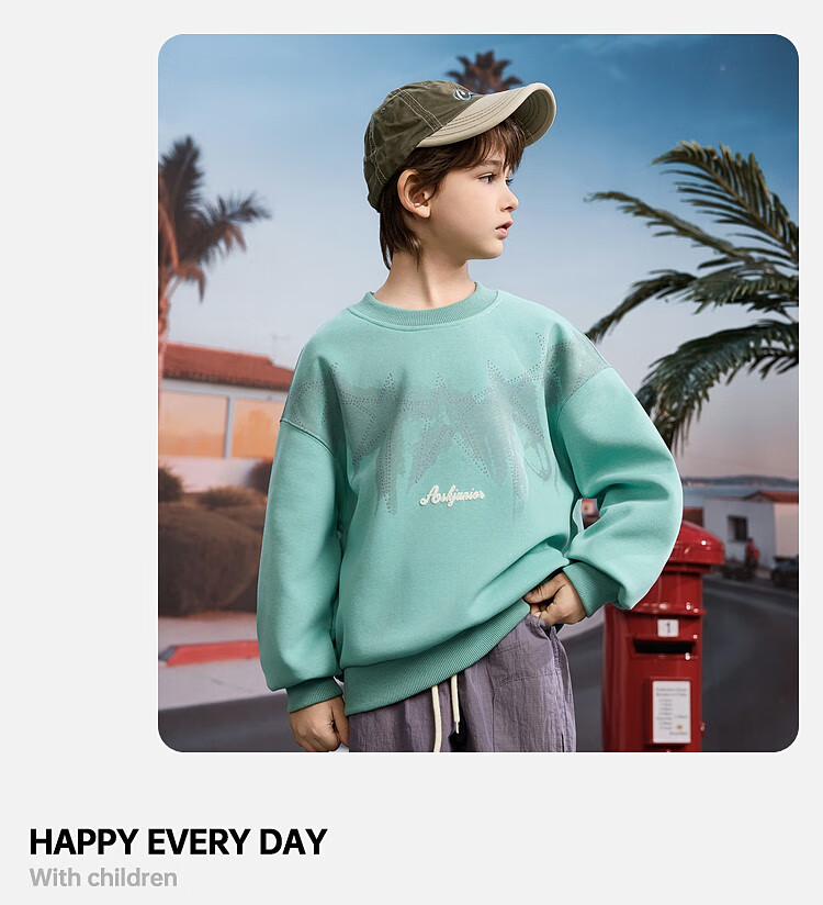 ASK JUNIOR Children's Clothing, Boys' Sweatshirt, Round Neck Long Sleeve, Autumn Pullover, Casual Versatile Top, Green, Size 170 10