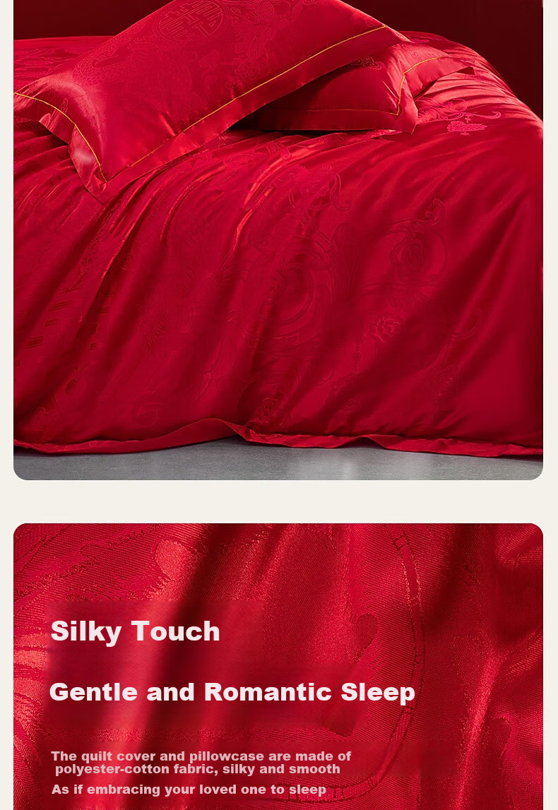 Shuixingjiafang Wedding Bedding Set of Four Pieces, Dragon And Phoenix Jacquard Pattern, Red Color, Wedding Bed Sheet And Duvet Cover, New Marriage Gift for Wedding Room, Suitable for 1.8m Bed 5